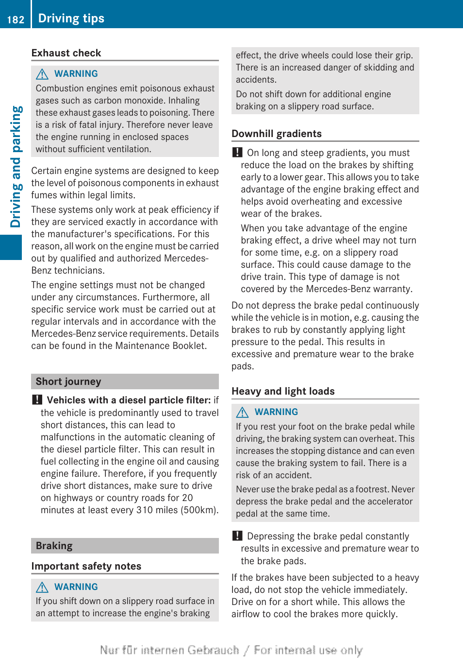 Short journey, Braking, Driving and parking | Driving tips | Mercedes-Benz 2013 GL Class User Manual | Page 184 / 448