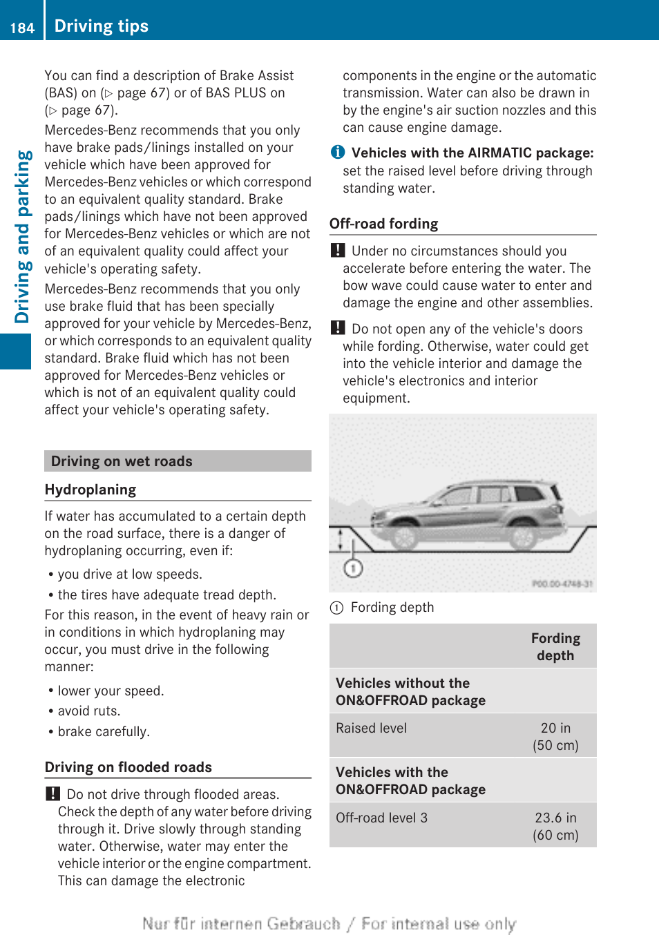 Driving on wet roads, Driving and parking, Driving tips | Mercedes-Benz 2013 GL Class User Manual | Page 186 / 448