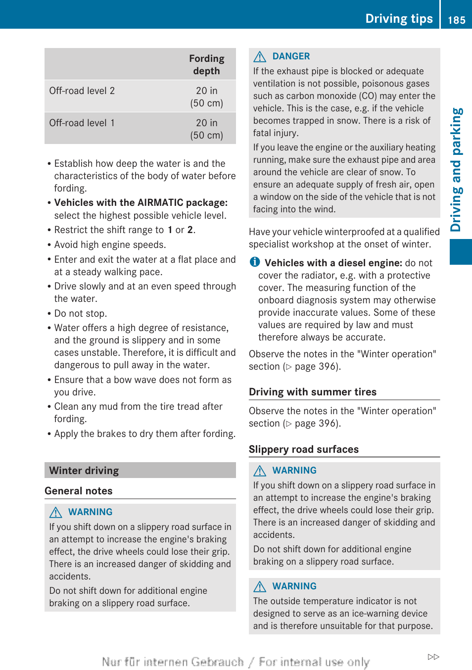 Winter driving, Driving and parking, Driving tips | Mercedes-Benz 2013 GL Class User Manual | Page 187 / 448