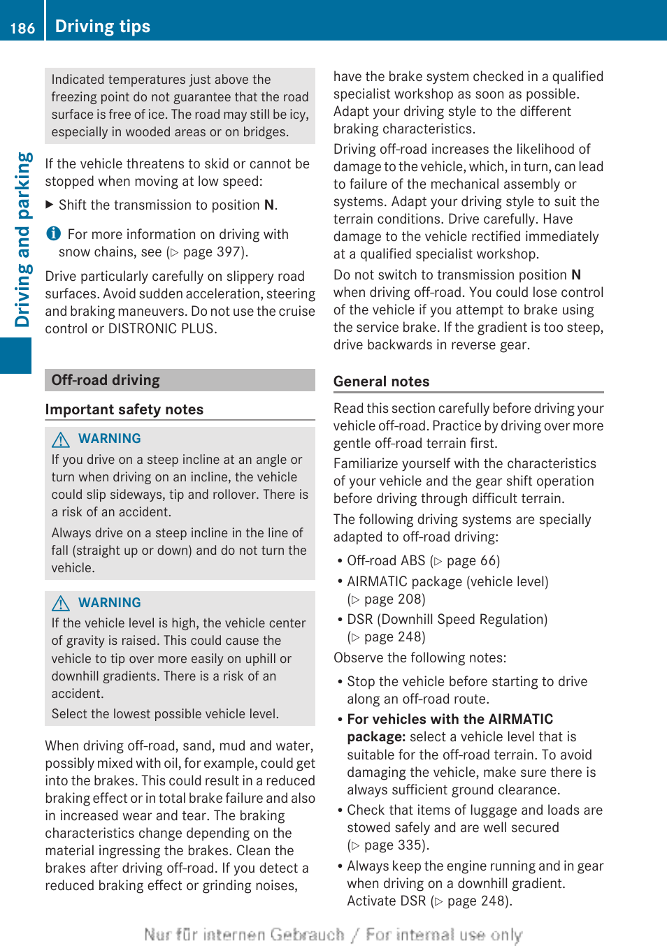 Off-road driving, Driving and parking, Driving tips | Mercedes-Benz 2013 GL Class User Manual | Page 188 / 448