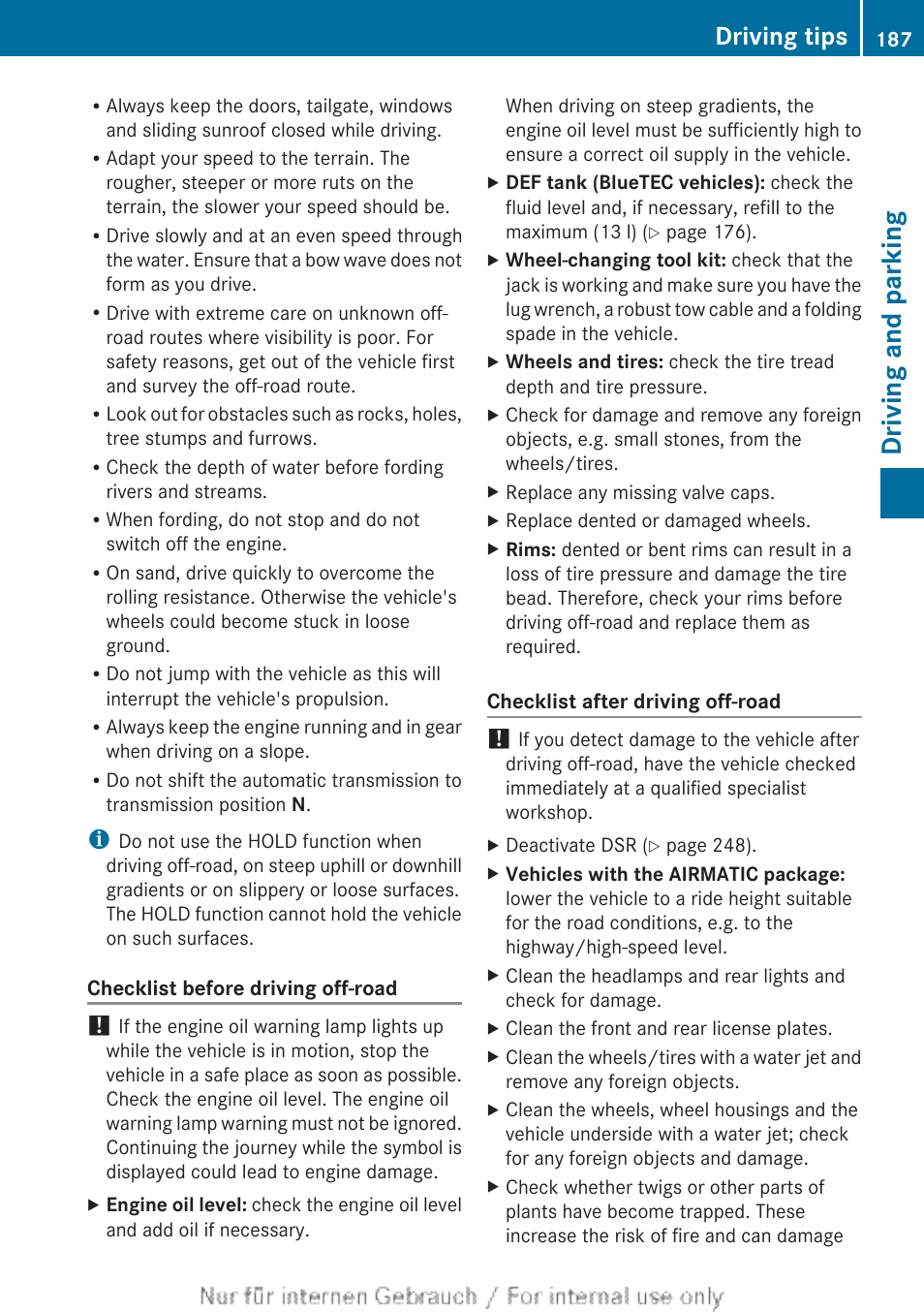 Checklist before driving off-road, Driving and parking, Driving tips | Mercedes-Benz 2013 GL Class User Manual | Page 189 / 448