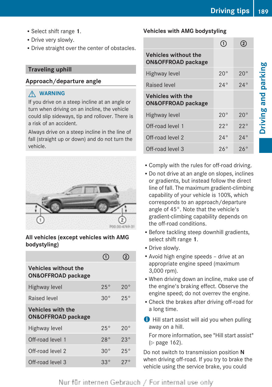 Traveling uphill, Driving and parking, Driving tips | Mercedes-Benz 2013 GL Class User Manual | Page 191 / 448