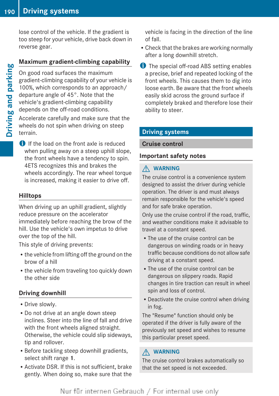 Driving systems, Cruise control, Driving and parking | Mercedes-Benz 2013 GL Class User Manual | Page 192 / 448