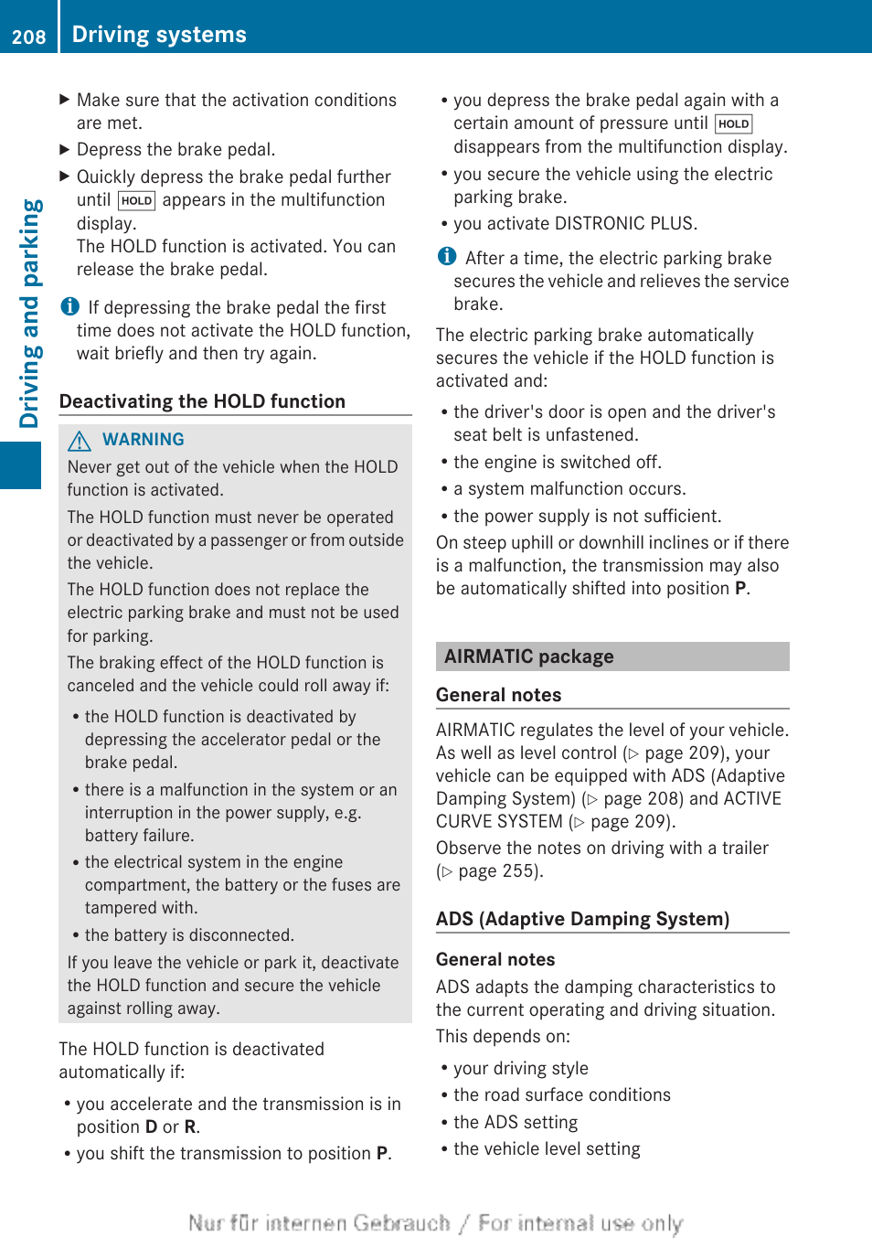 Airmatic package, Driving and parking, Driving systems | Mercedes-Benz 2013 GL Class User Manual | Page 210 / 448