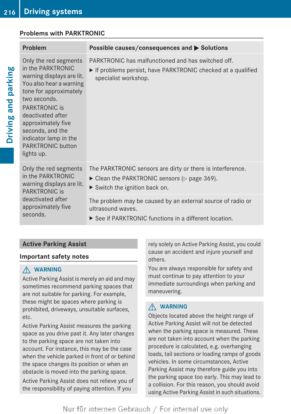 Active parking assist, Driving and parking, Driving systems | Mercedes-Benz 2013 GL Class User Manual | Page 218 / 448