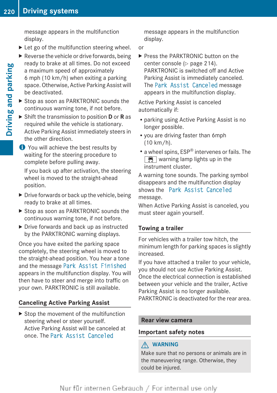 Rear view camera, Driving and parking, Driving systems | Mercedes-Benz 2013 GL Class User Manual | Page 222 / 448