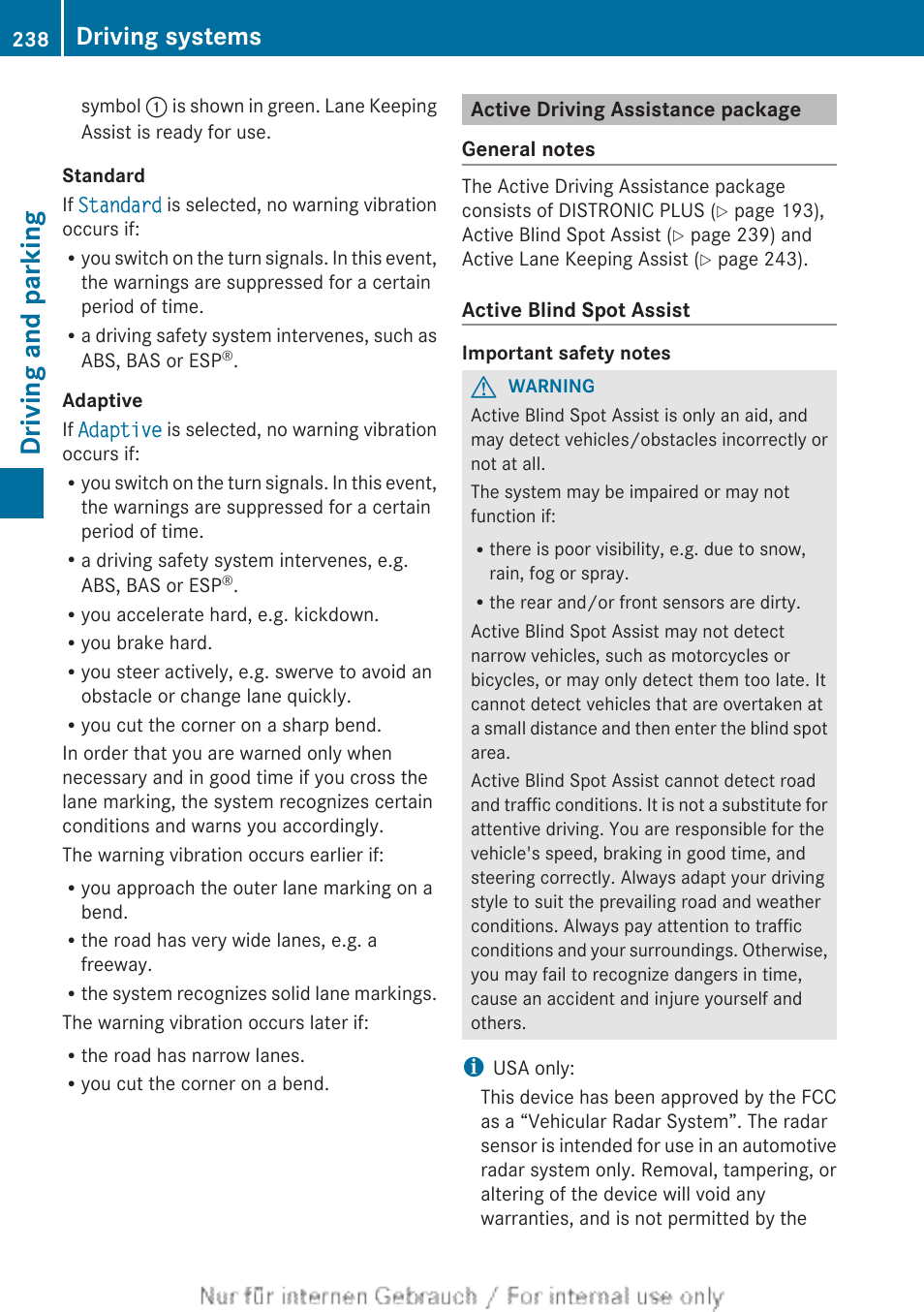 Active driving assistance package, Driving and parking, Driving systems | Mercedes-Benz 2013 GL Class User Manual | Page 240 / 448