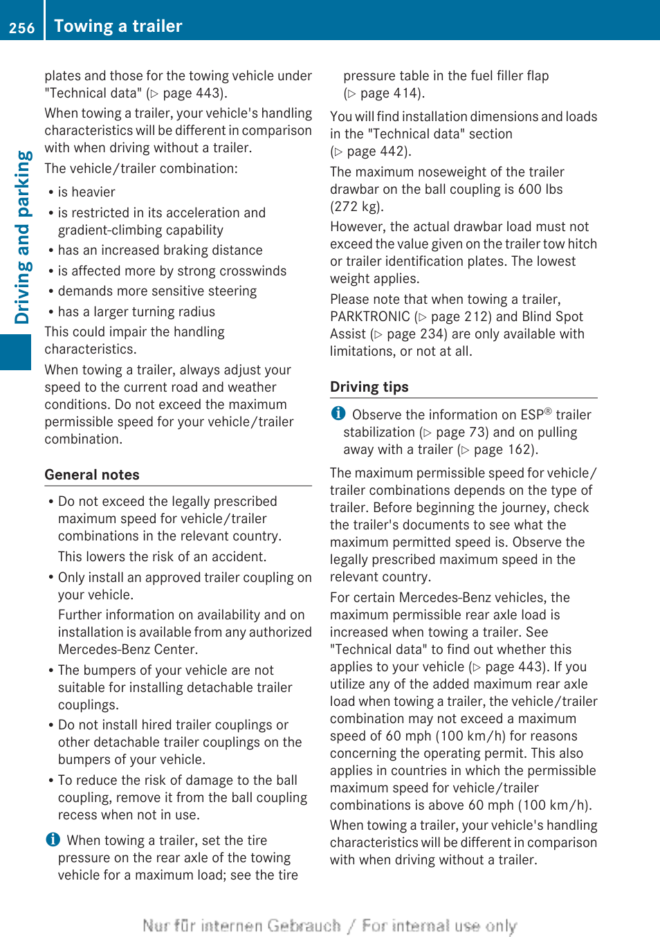 Driving and parking, Towing a trailer | Mercedes-Benz 2013 GL Class User Manual | Page 258 / 448