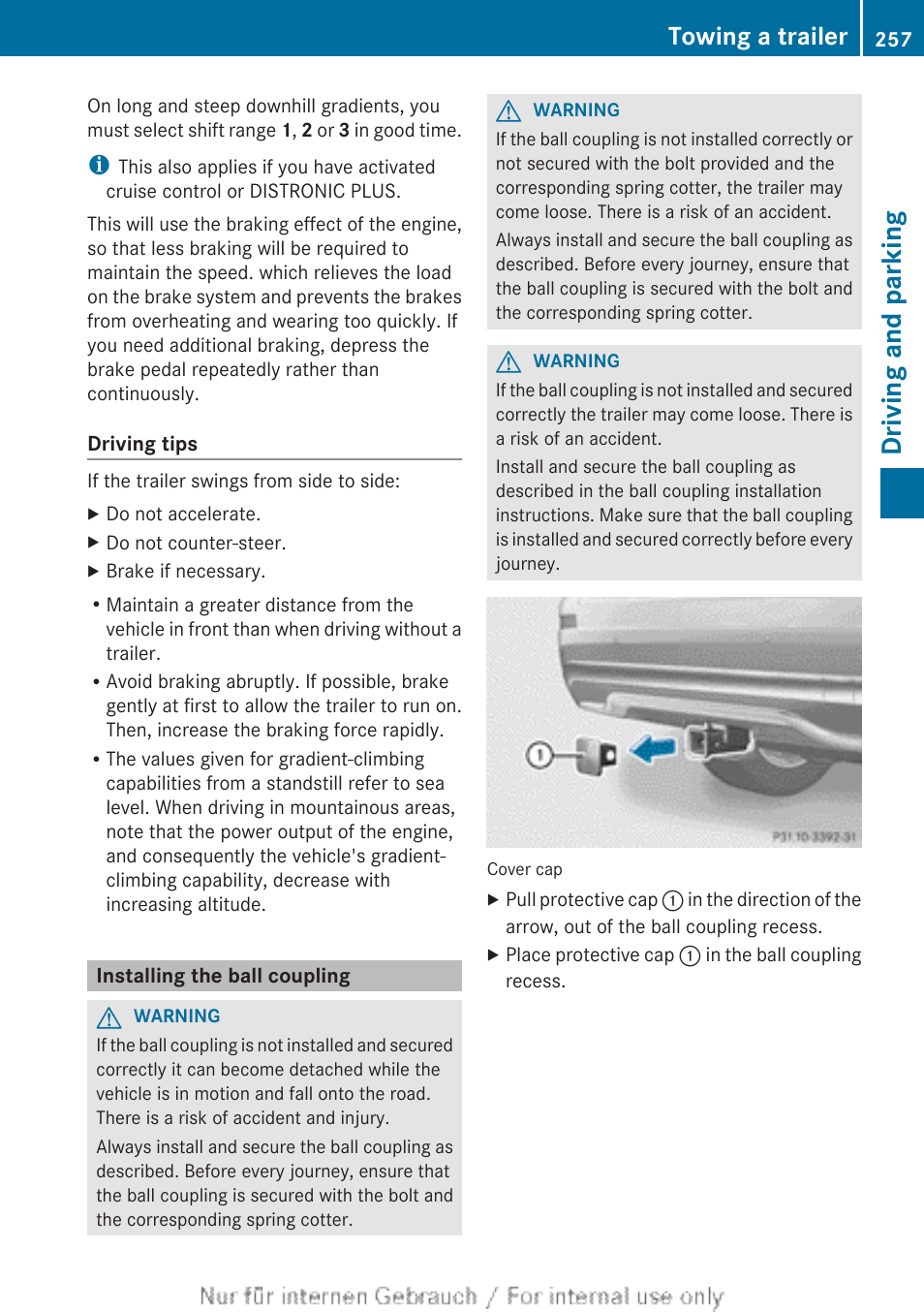 Installing the ball coupling, Driving and parking, Towing a trailer | Mercedes-Benz 2013 GL Class User Manual | Page 259 / 448