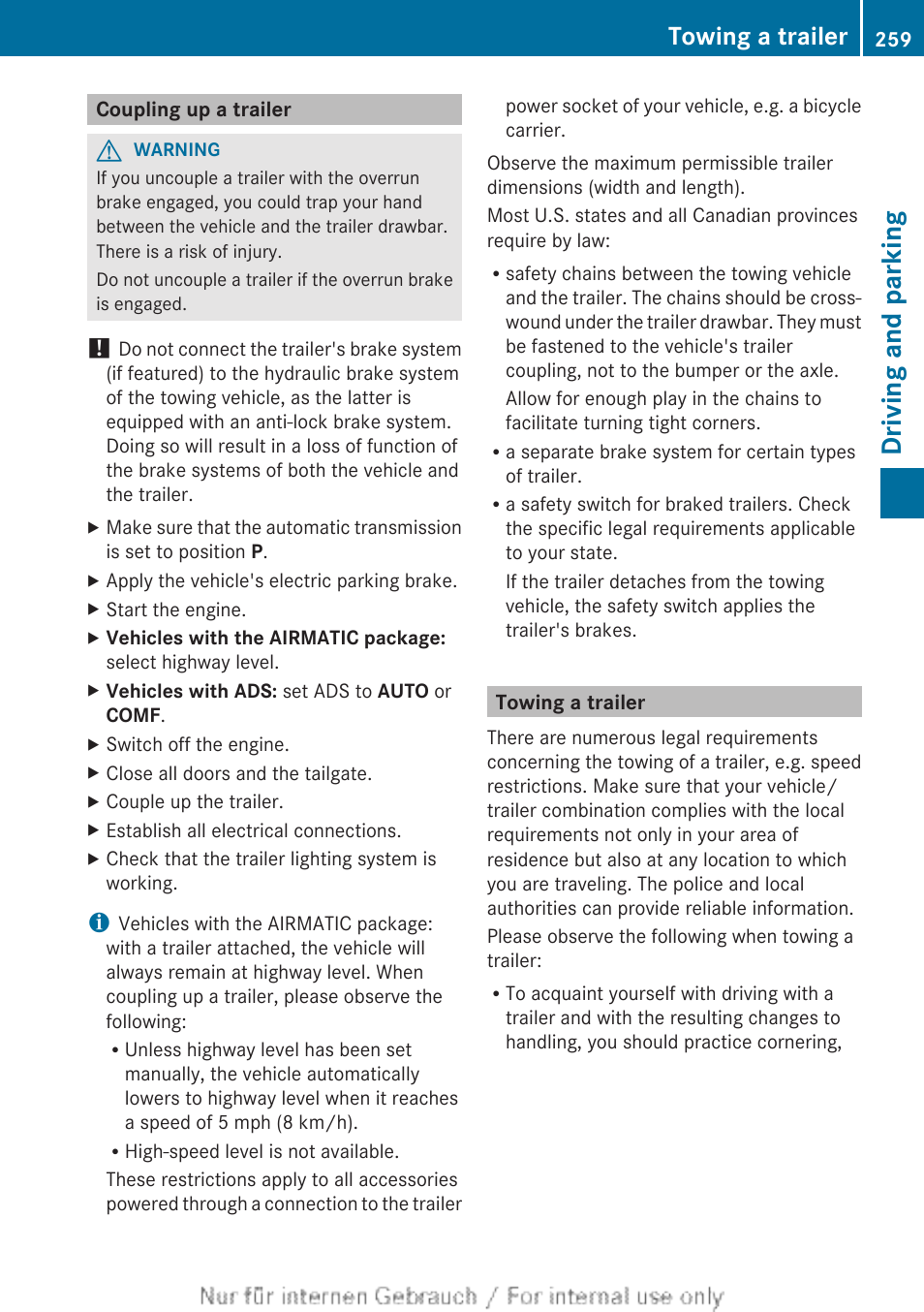 Coupling up a trailer, Towing a trailer, Driving and parking | Mercedes-Benz 2013 GL Class User Manual | Page 261 / 448