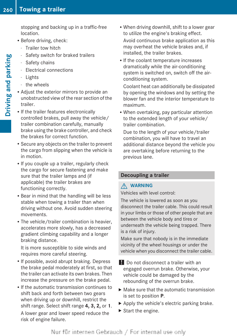 Decoupling a trailer, Driving and parking, Towing a trailer | Mercedes-Benz 2013 GL Class User Manual | Page 262 / 448