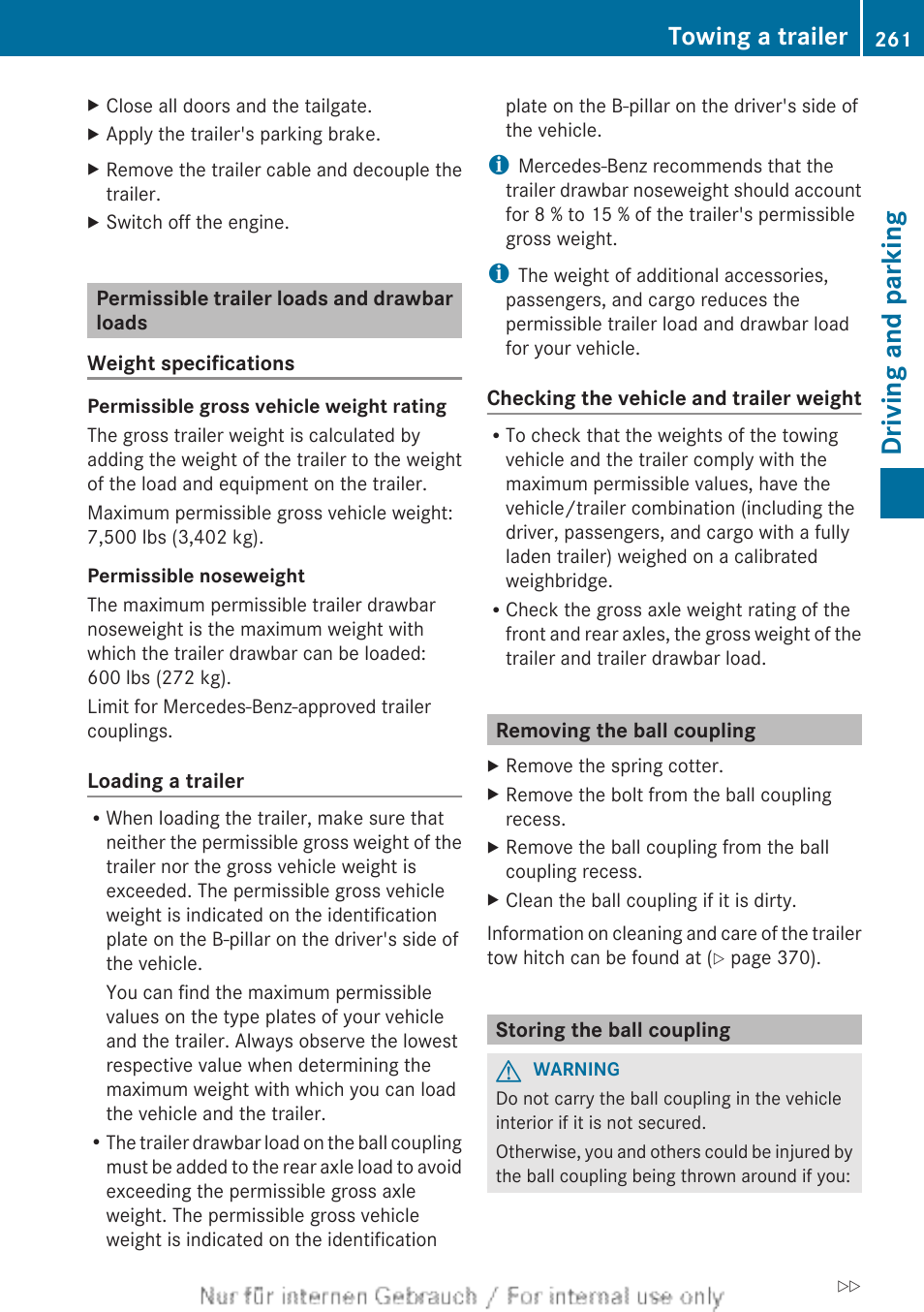 Permissible trailer loads and drawbar loads, Removing the ball coupling, Storing the ball coupling | Driving and parking, Towing a trailer | Mercedes-Benz 2013 GL Class User Manual | Page 263 / 448