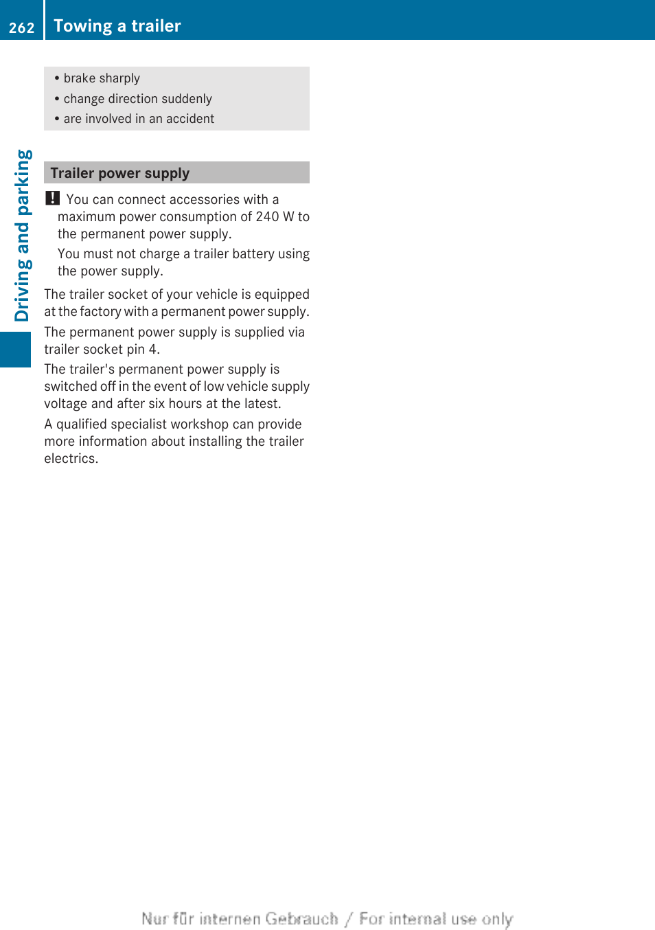 Trailer power supply, Driving and parking, Towing a trailer | Mercedes-Benz 2013 GL Class User Manual | Page 264 / 448