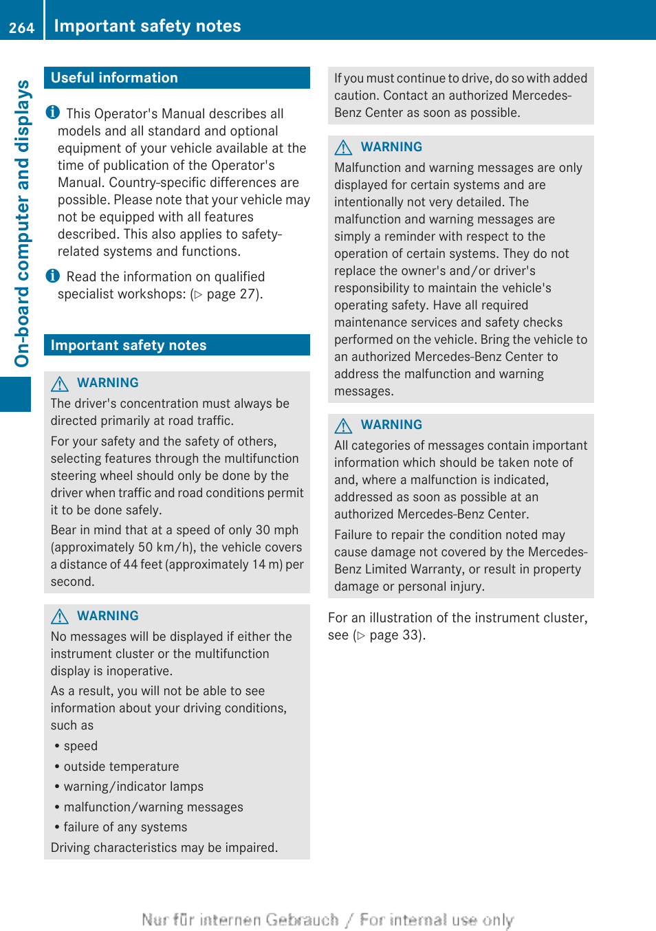 On-board computer and displays, Useful information, Important safety notes | Useful information important safety notes | Mercedes-Benz 2013 GL Class User Manual | Page 266 / 448