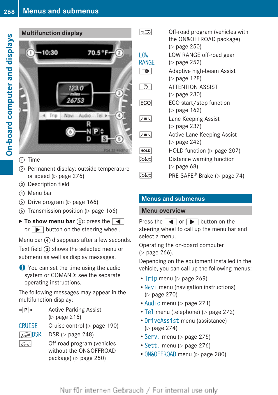 Multifunction display, Menus and submenus, Menu overview | On-board computer and displays | Mercedes-Benz 2013 GL Class User Manual | Page 270 / 448