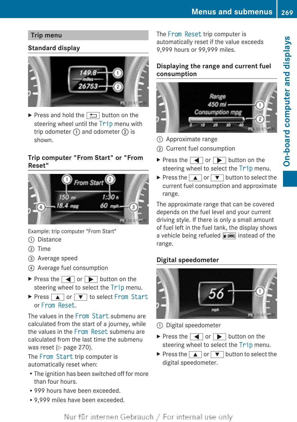 Trip menu, Menu, On-board computer and displays | Menus and submenus | Mercedes-Benz 2013 GL Class User Manual | Page 271 / 448