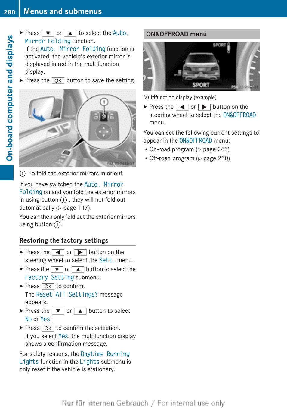 On&offroad menu, Menu, On-board computer and displays | Menus and submenus | Mercedes-Benz 2013 GL Class User Manual | Page 282 / 448