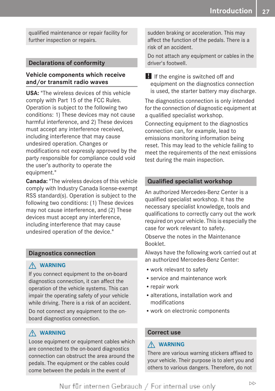 Declarations of conformity, Diagnostics connection, Qualified specialist workshop | Correct use, Introduction | Mercedes-Benz 2013 GL Class User Manual | Page 29 / 448