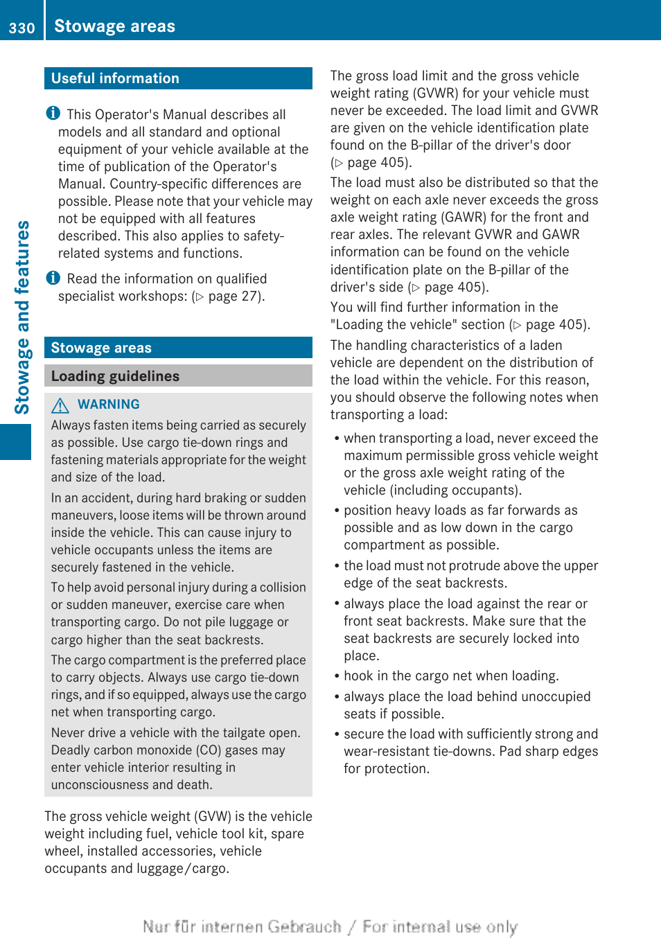 Stowage and features, Useful information, Stowage areas | Loading guidelines | Mercedes-Benz 2013 GL Class User Manual | Page 332 / 448