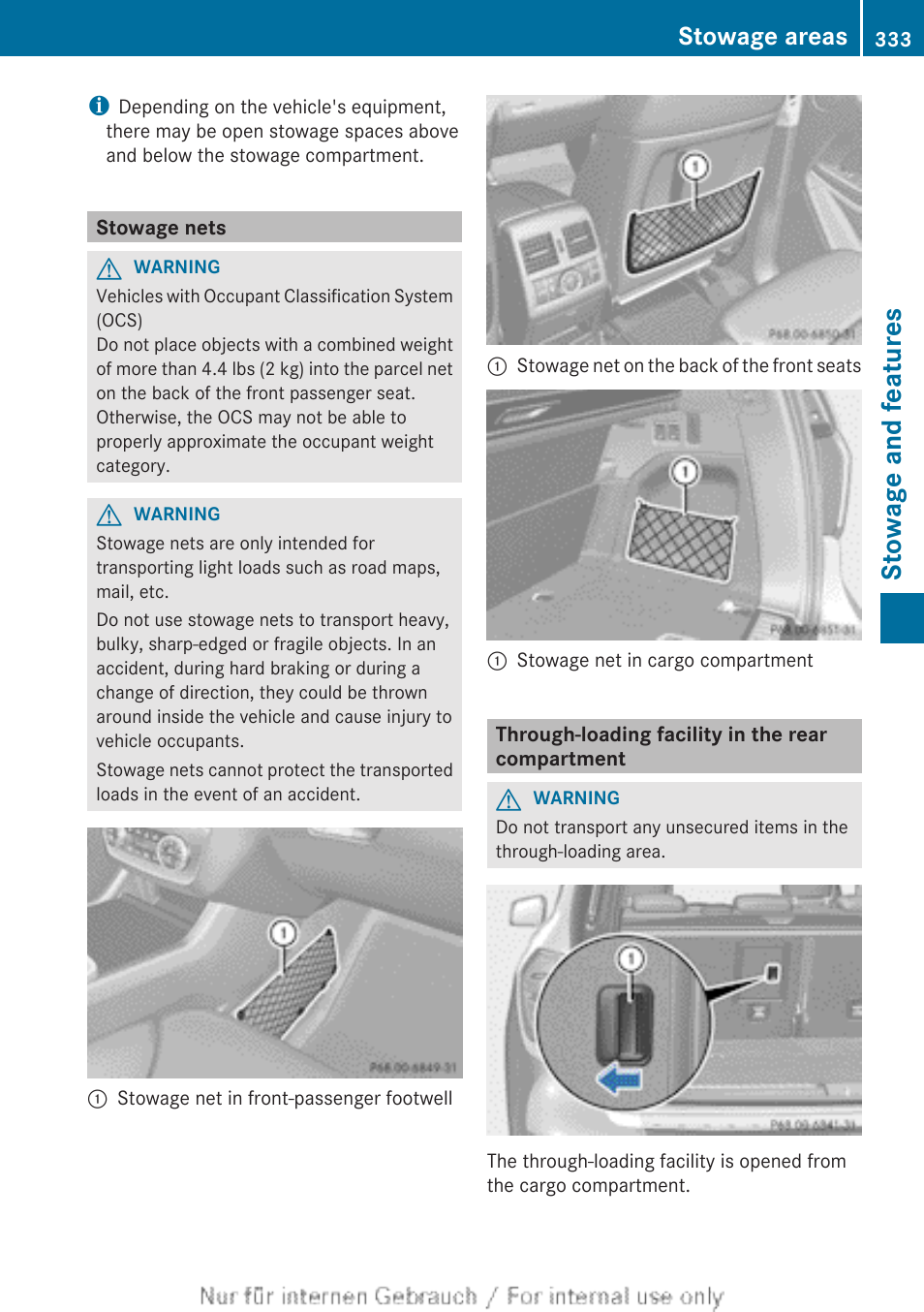 Stowage nets, Through-loading facility in the rear compartment, Stowage and features | Stowage areas | Mercedes-Benz 2013 GL Class User Manual | Page 335 / 448