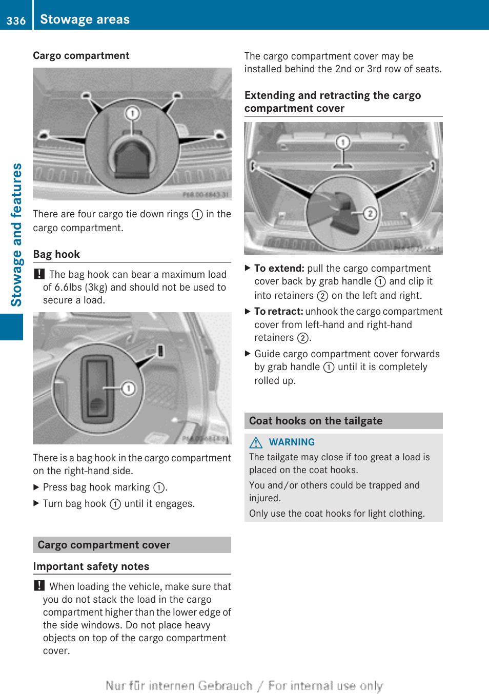 Cargo compartment cover, Coat hooks on the tailgate, Stowage and features | Stowage areas | Mercedes-Benz 2013 GL Class User Manual | Page 338 / 448