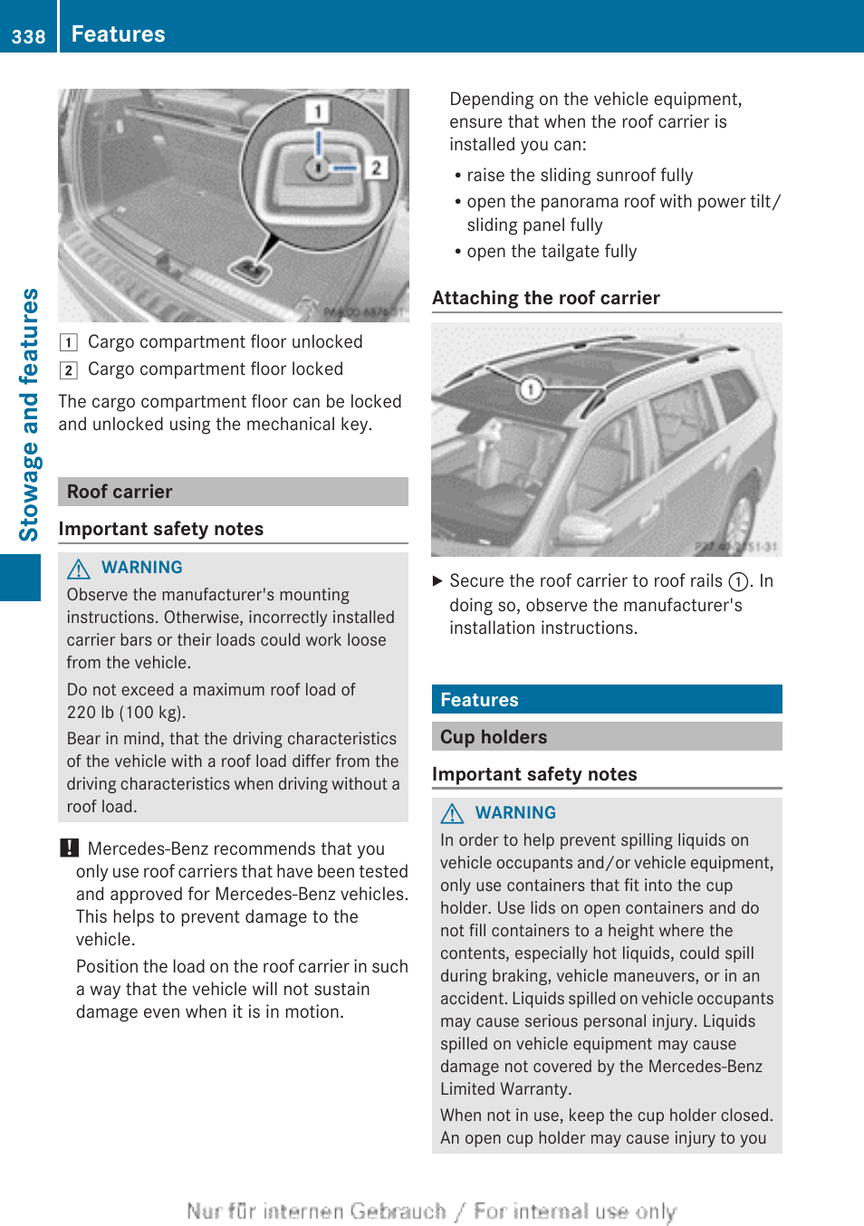 Roof carrier, Features, Cup holders | Stowage and features | Mercedes-Benz 2013 GL Class User Manual | Page 340 / 448