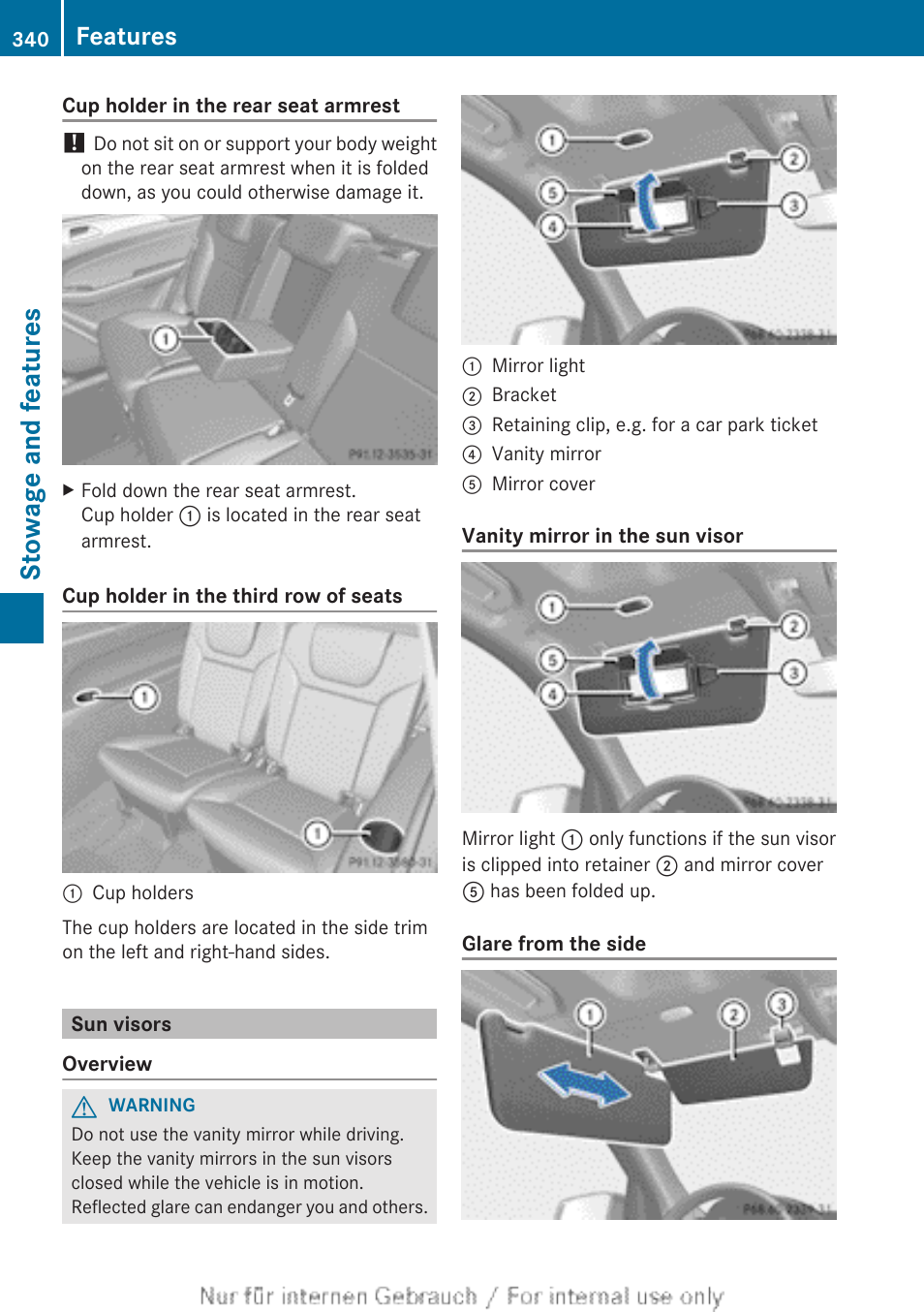 Sun visors, Stowage and features, Features | Mercedes-Benz 2013 GL Class User Manual | Page 342 / 448