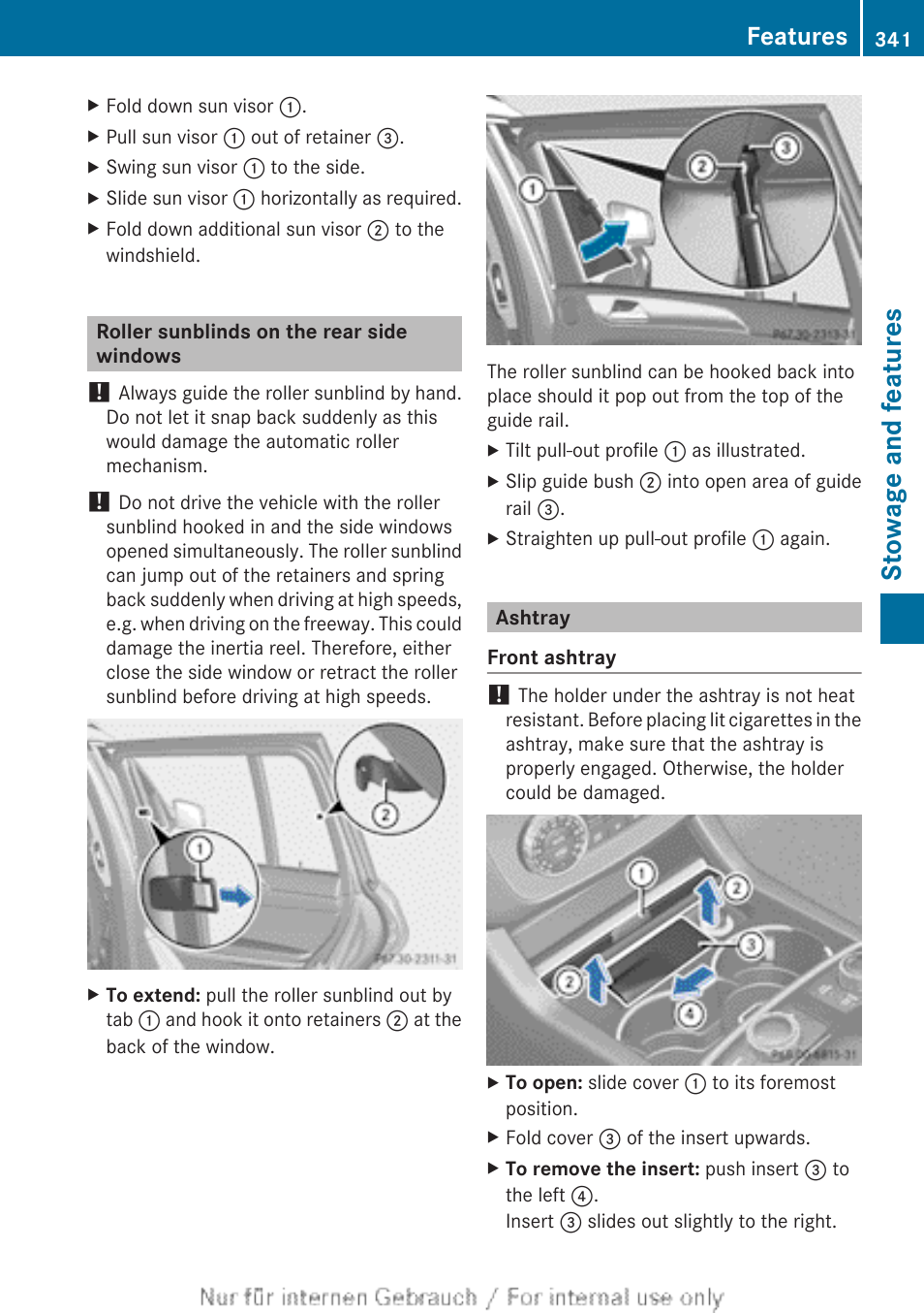 Roller sunblinds on the rear side windows, Ashtray, Stowage and features | Features | Mercedes-Benz 2013 GL Class User Manual | Page 343 / 448