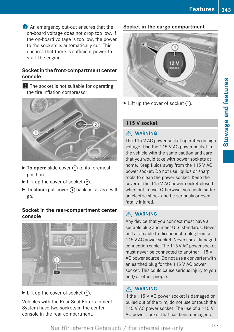 115 v socket, Stowage and features, Features | Mercedes-Benz 2013 GL Class User Manual | Page 345 / 448