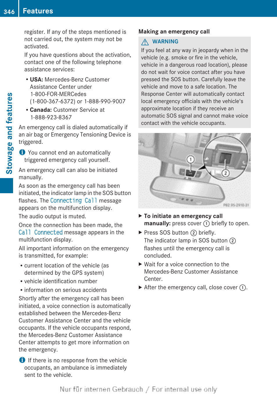 Stowage and features, Features | Mercedes-Benz 2013 GL Class User Manual | Page 348 / 448