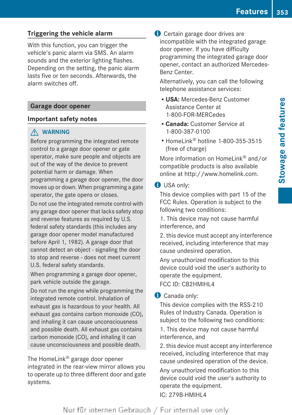 Garage door opener, Stowage and features, Features | Mercedes-Benz 2013 GL Class User Manual | Page 355 / 448