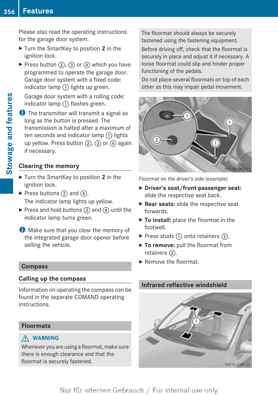 Compass, Floormats, Infrared reflective windshield | Stowage and features, Features | Mercedes-Benz 2013 GL Class User Manual | Page 358 / 448