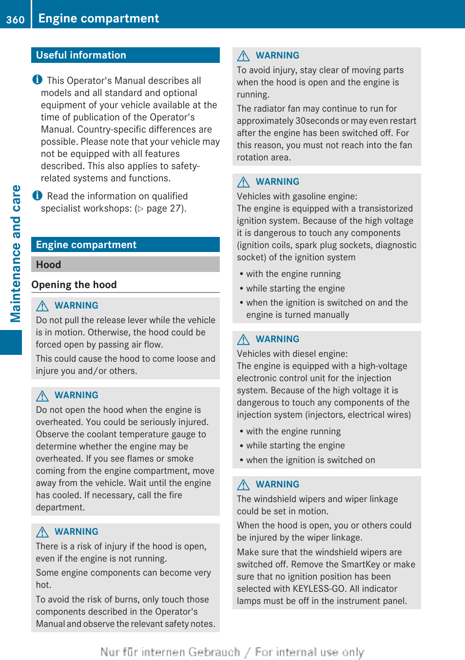 Maintenance and care, Useful information, Engine compartment | Hood | Mercedes-Benz 2013 GL Class User Manual | Page 362 / 448