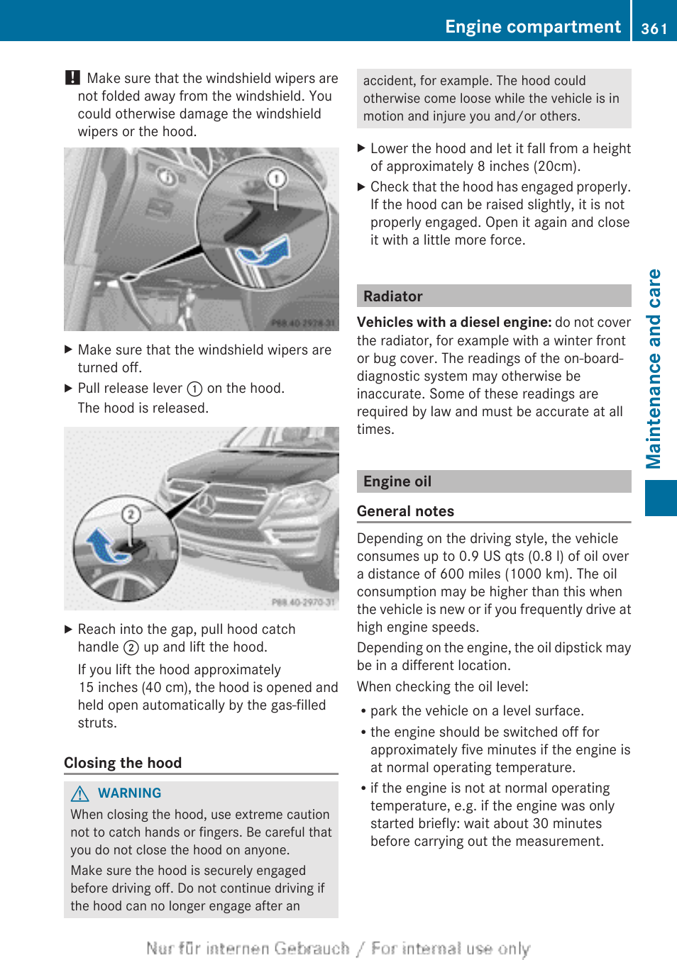 Radiator, Engine oil, Maintenance and care | Engine compartment | Mercedes-Benz 2013 GL Class User Manual | Page 363 / 448