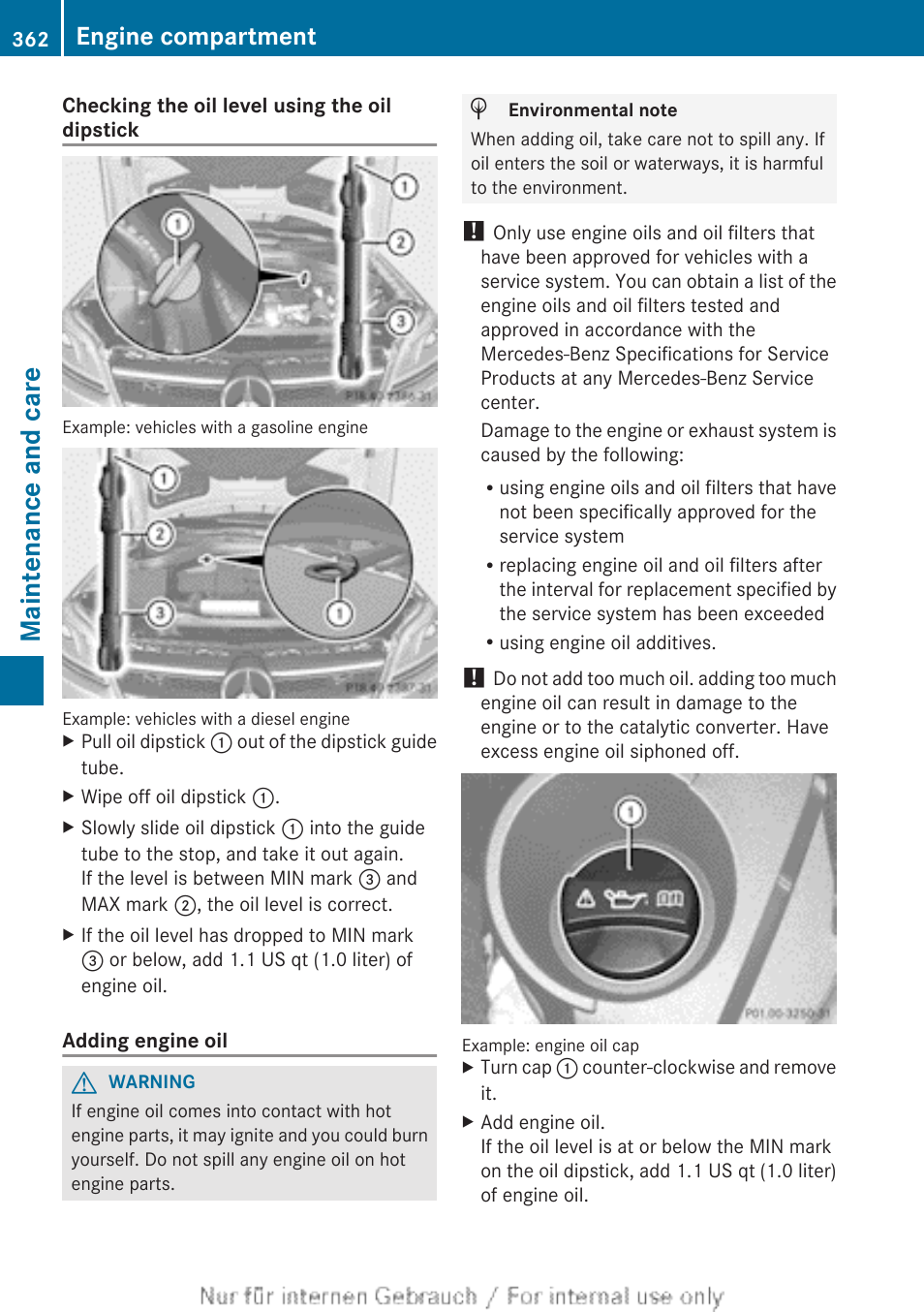 If necessary, add engine oil, Maintenance and care, Engine compartment | Mercedes-Benz 2013 GL Class User Manual | Page 364 / 448