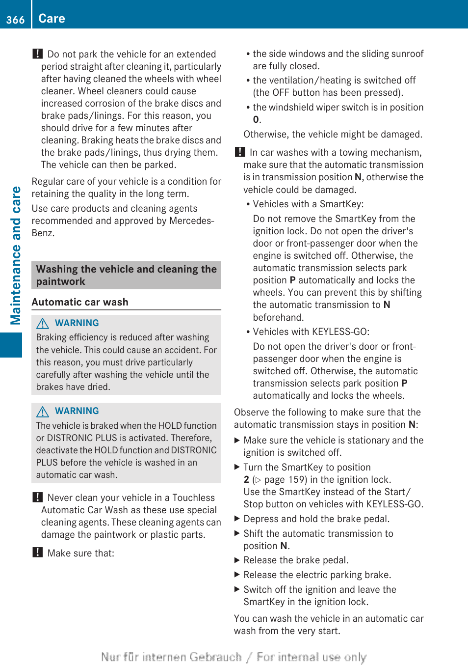 Washing the vehicle and cleaning the paintwork, Maintenance and care, Care | Mercedes-Benz 2013 GL Class User Manual | Page 368 / 448