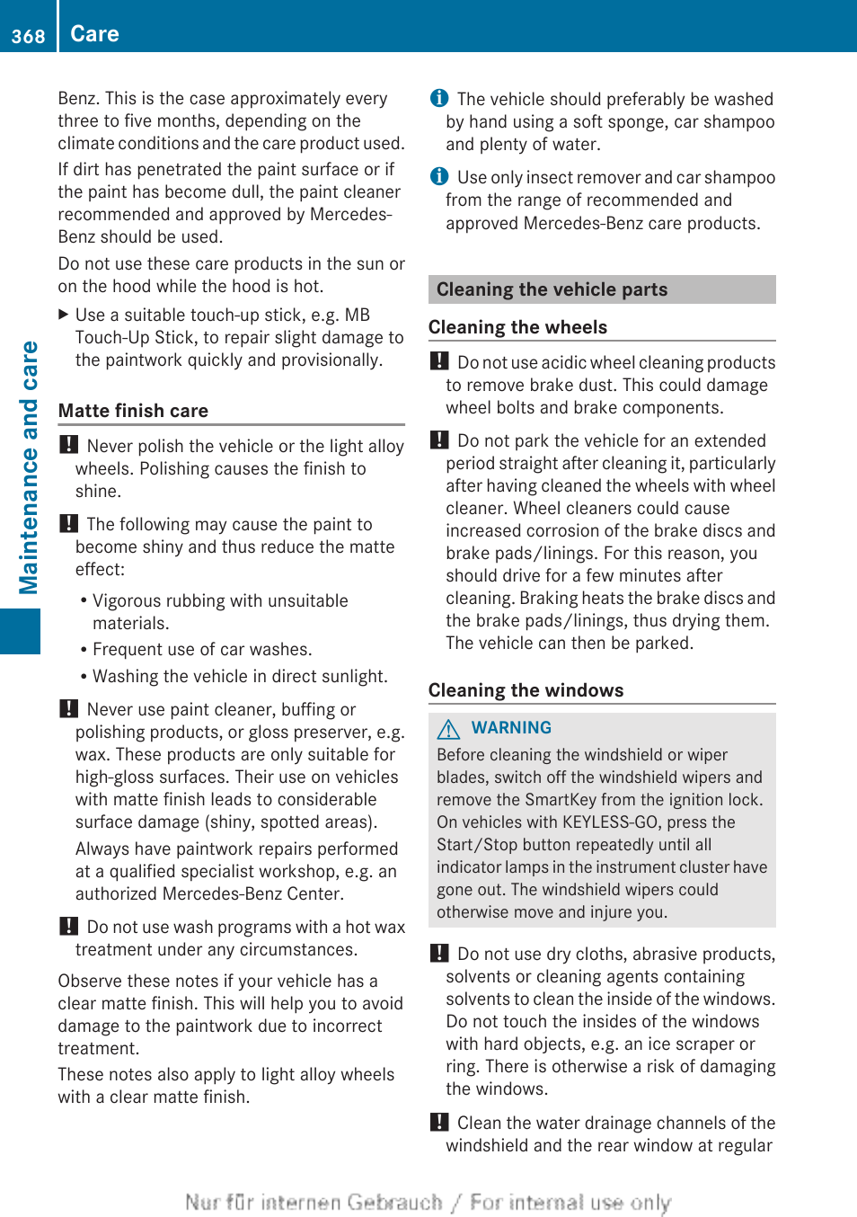 Cleaning the vehicle parts, Clean the windshield, Maintenance and care | Care | Mercedes-Benz 2013 GL Class User Manual | Page 370 / 448