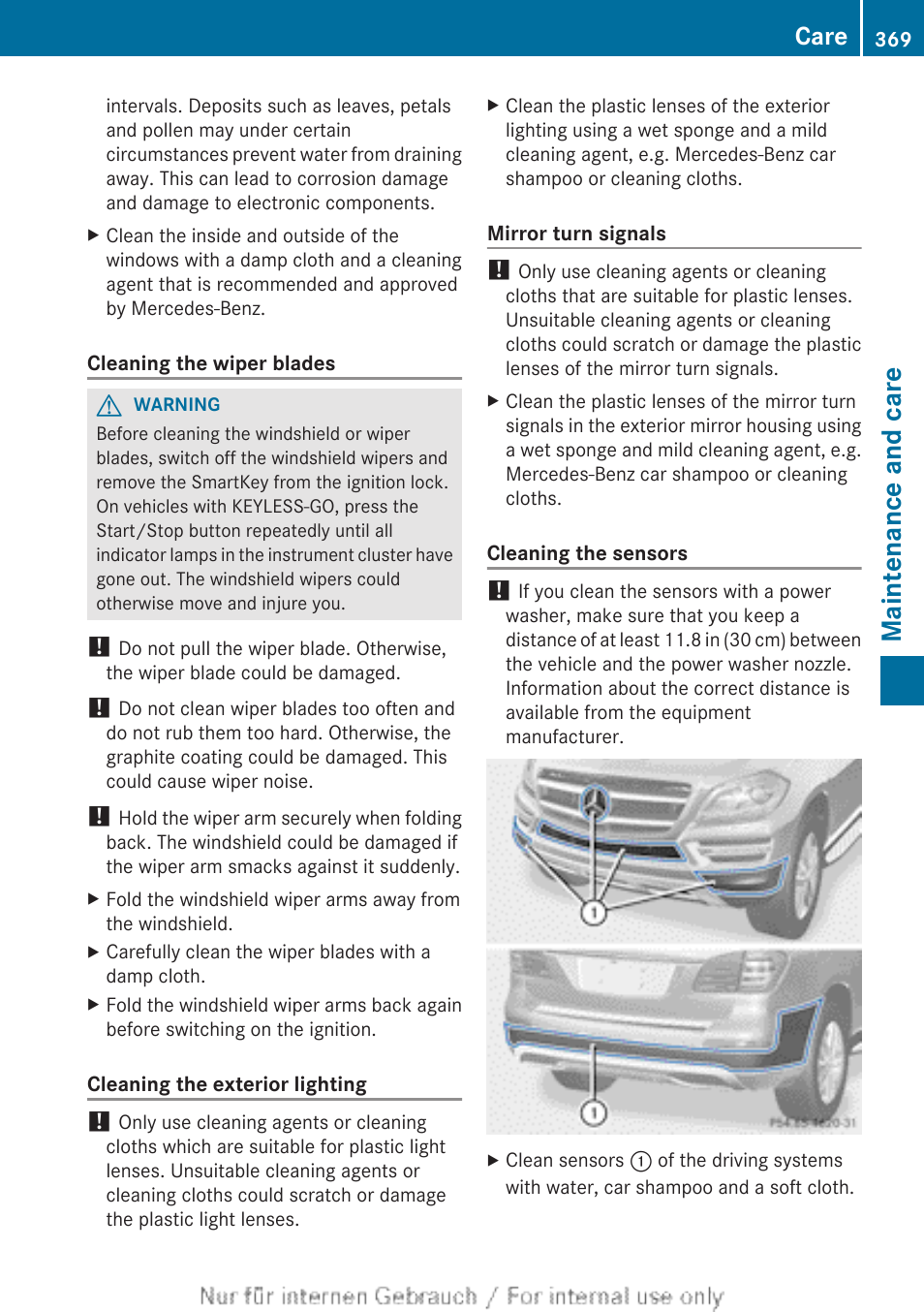 Clean the bumpers, Clean the sensors, Maintenance and care | Care | Mercedes-Benz 2013 GL Class User Manual | Page 371 / 448