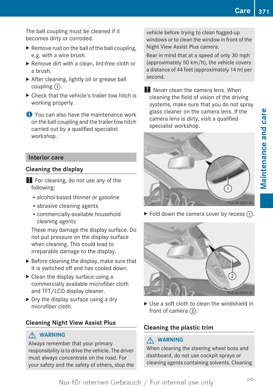 Interior care, Down the camera cover, Fold down the camera cover | Maintenance and care, Care | Mercedes-Benz 2013 GL Class User Manual | Page 373 / 448