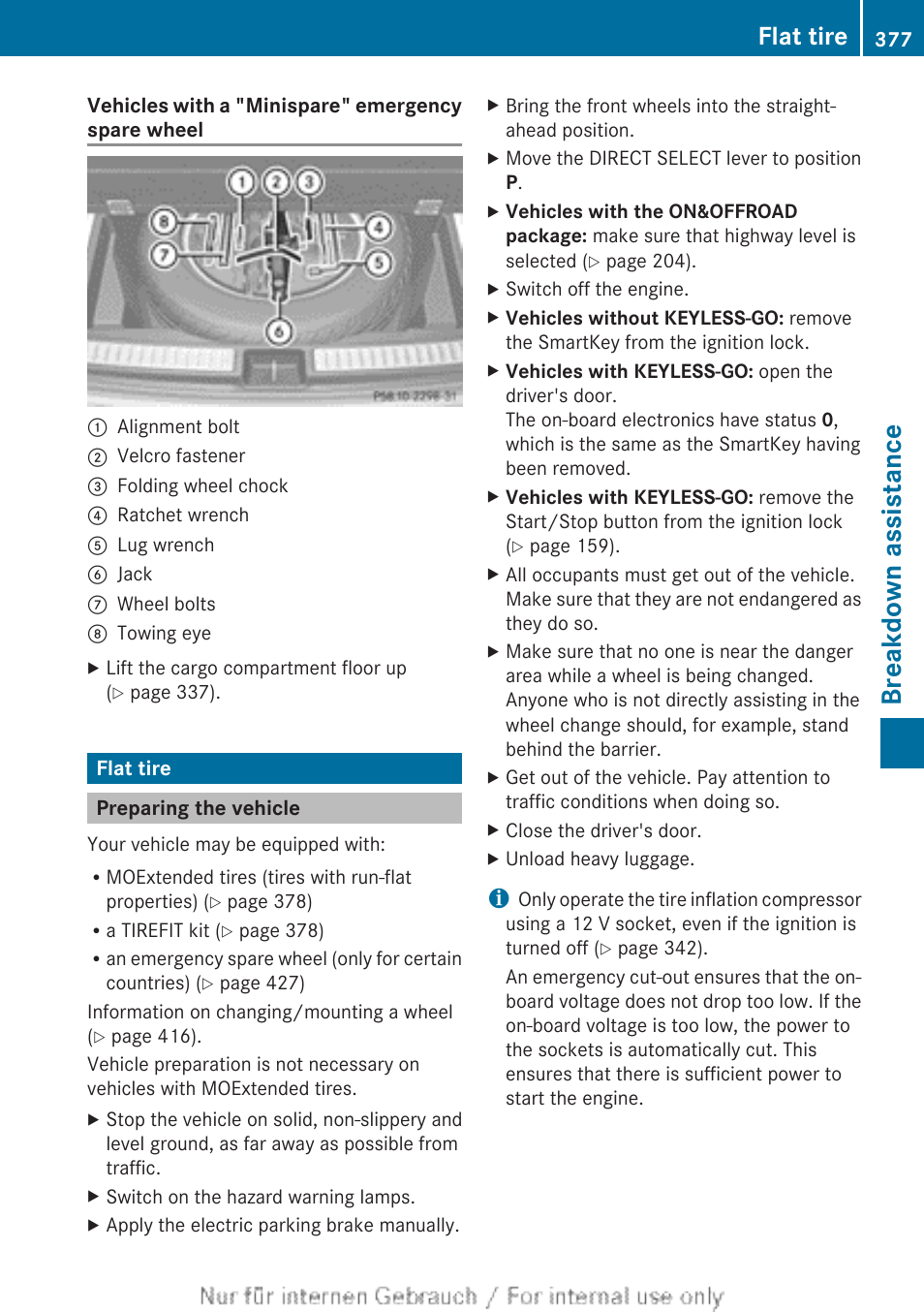 Flat tire, Preparing the vehicle, If there is a flat tire, inspect the tires | Breakdown assistance | Mercedes-Benz 2013 GL Class User Manual | Page 379 / 448