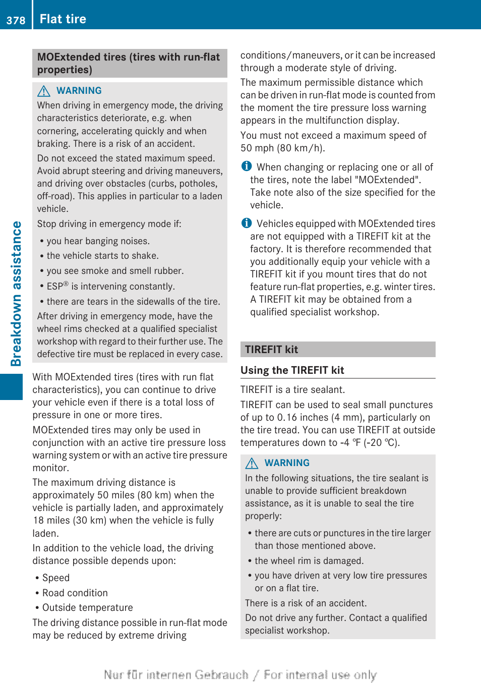 Moextended tires (tires with run-flat properties), Tirefit kit, Properties) | A tirefit kit, Breakdown assistance, Flat tire | Mercedes-Benz 2013 GL Class User Manual | Page 380 / 448