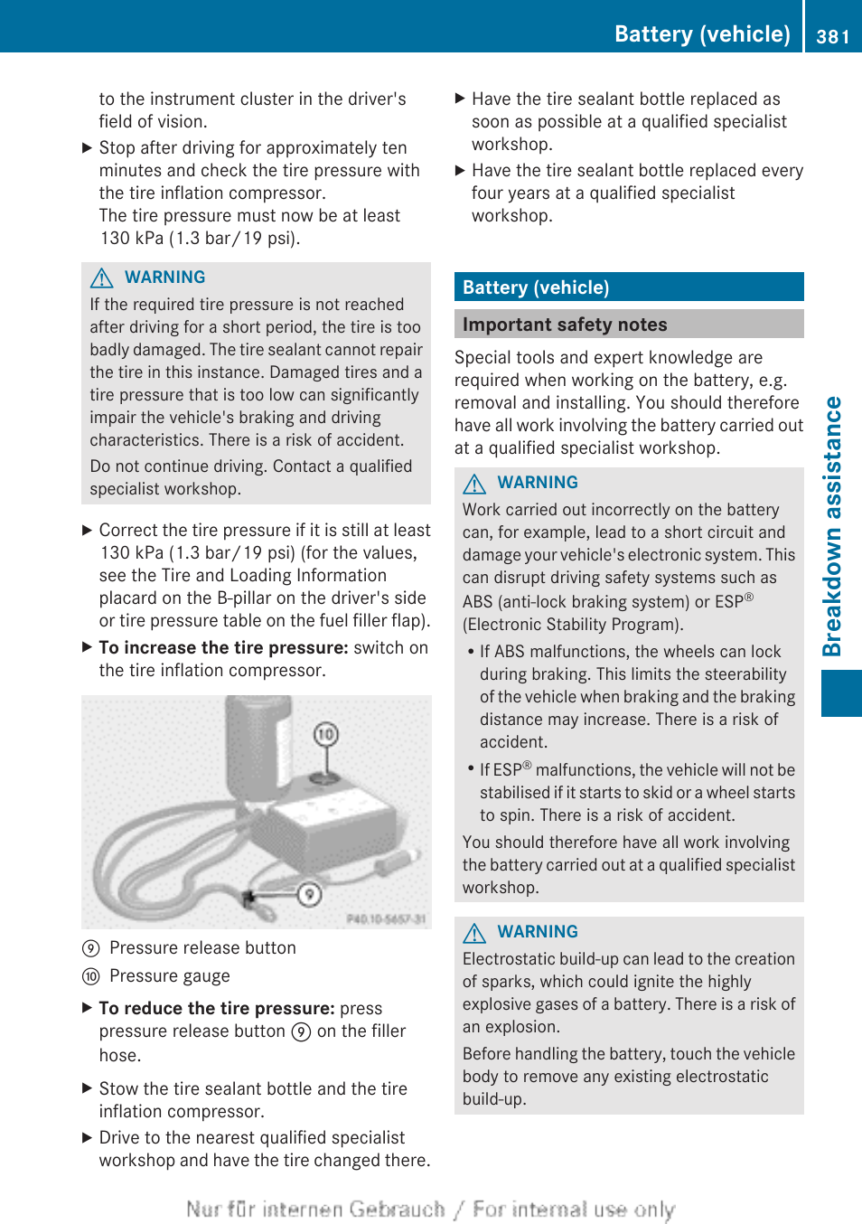 Battery (vehicle), Important safety notes, Breakdown assistance | Mercedes-Benz 2013 GL Class User Manual | Page 383 / 448