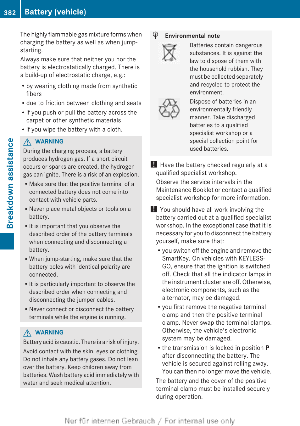 Breakdown assistance, Battery (vehicle) | Mercedes-Benz 2013 GL Class User Manual | Page 384 / 448