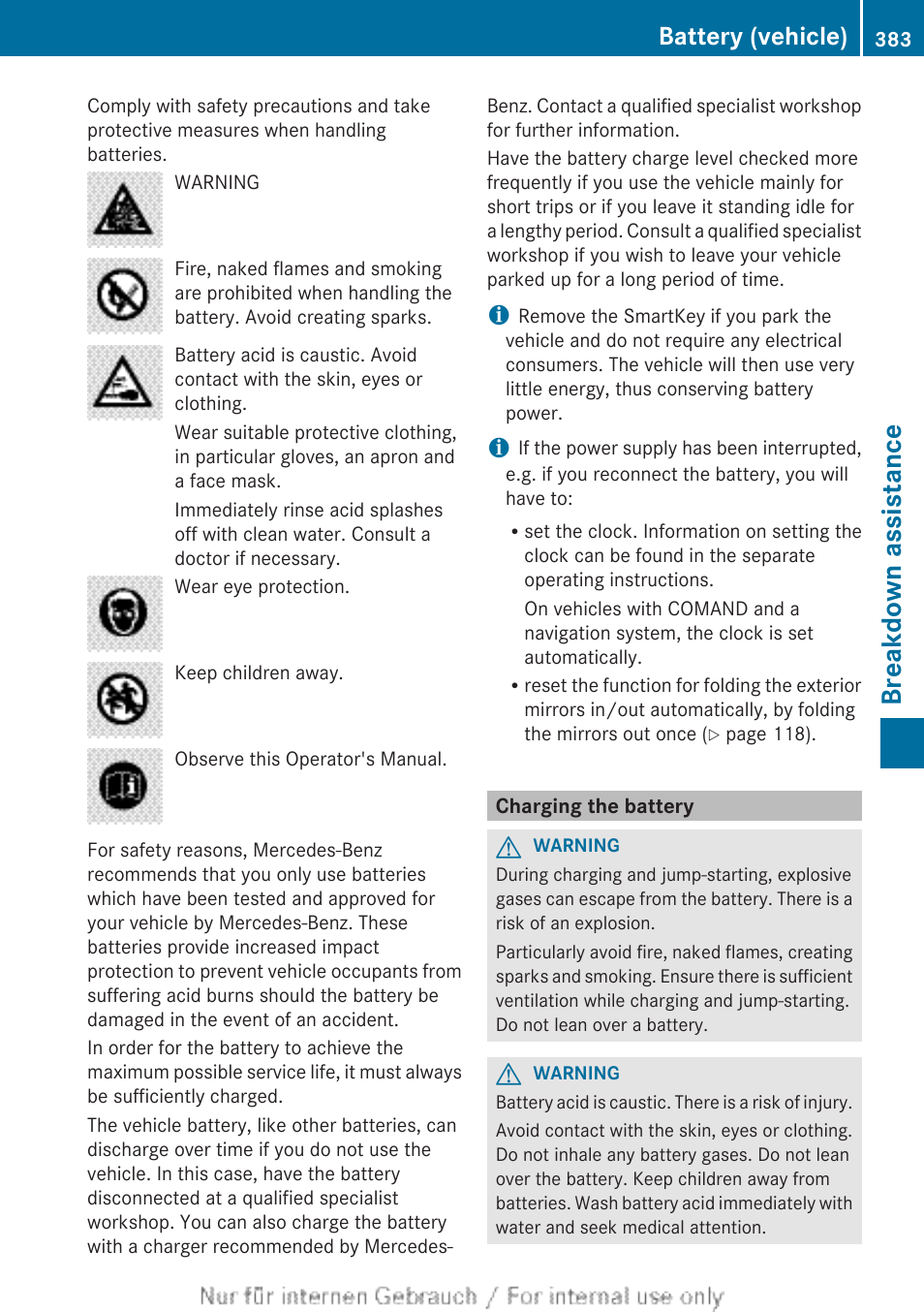 Charging the battery, Breakdown assistance, Battery (vehicle) | Mercedes-Benz 2013 GL Class User Manual | Page 385 / 448