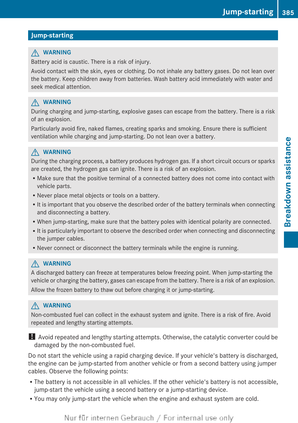 Jump-starting, Jump-start the vehicle, Engine compartment | Breakdown assistance | Mercedes-Benz 2013 GL Class User Manual | Page 387 / 448