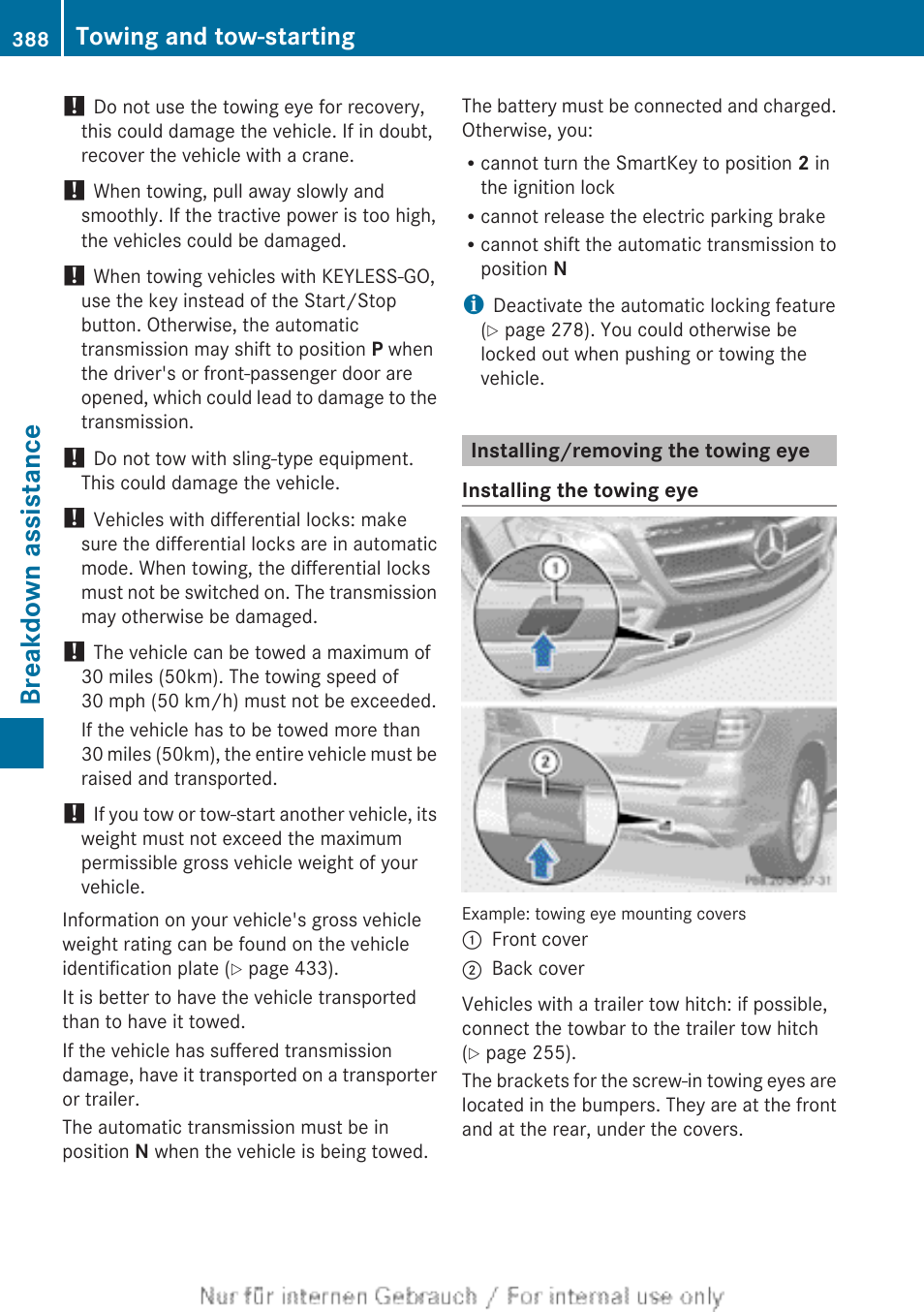 Installing/removing the towing eye, Breakdown assistance, Towing and tow-starting | Mercedes-Benz 2013 GL Class User Manual | Page 390 / 448