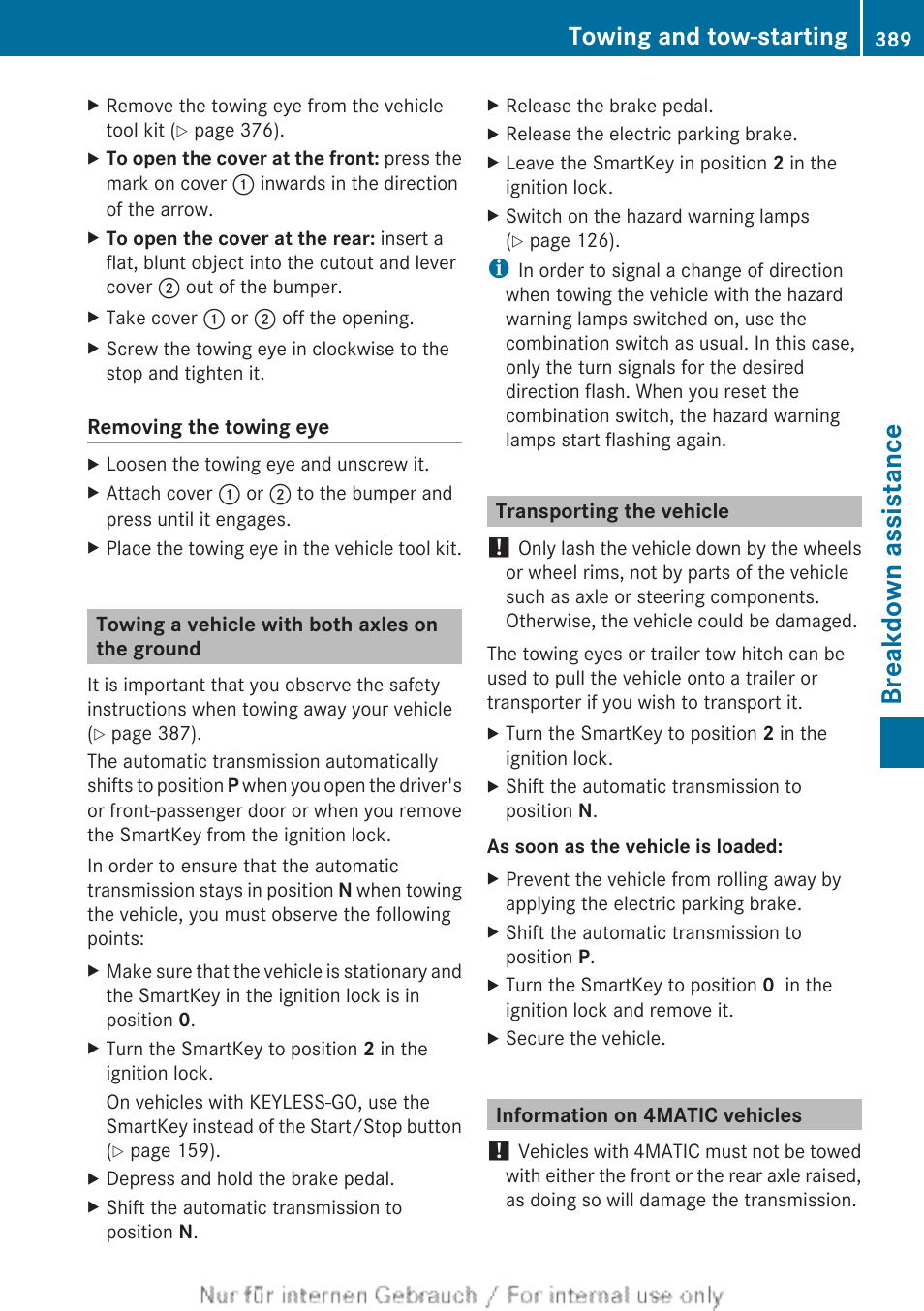 Towing a vehicle with both axles on the ground, Transporting the vehicle, Information on 4matic vehicles | Breakdown assistance, Towing and tow-starting | Mercedes-Benz 2013 GL Class User Manual | Page 391 / 448