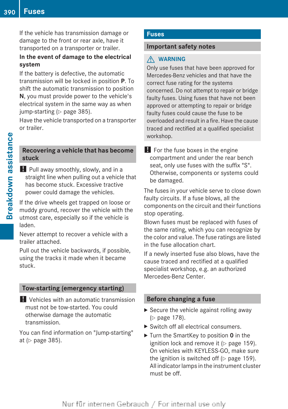 Recovering a vehicle that has become stuck, Tow-starting (emergency starting), Fuses | Important safety notes, Before changing a fuse, Tow-starting (vehicle), Breakdown assistance | Mercedes-Benz 2013 GL Class User Manual | Page 392 / 448