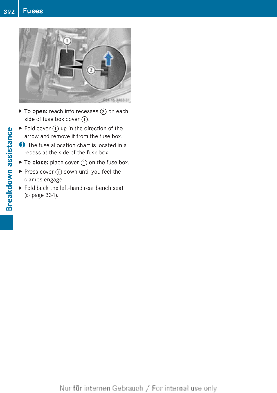 Breakdown assistance, Fuses | Mercedes-Benz 2013 GL Class User Manual | Page 394 / 448