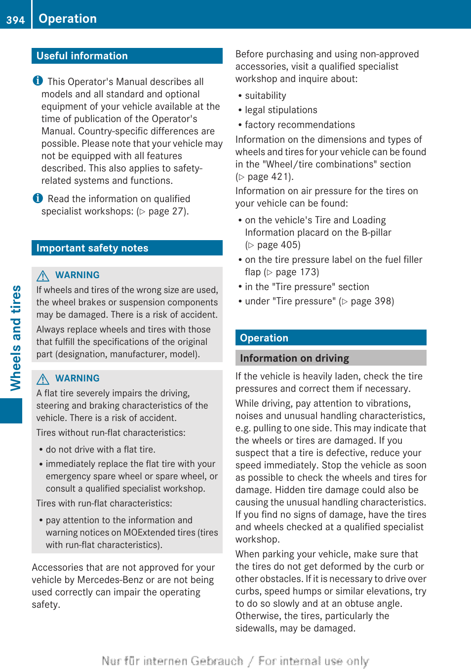 Wheels and tires, Useful information, Important safety notes | Operation, Information on driving | Mercedes-Benz 2013 GL Class User Manual | Page 396 / 448